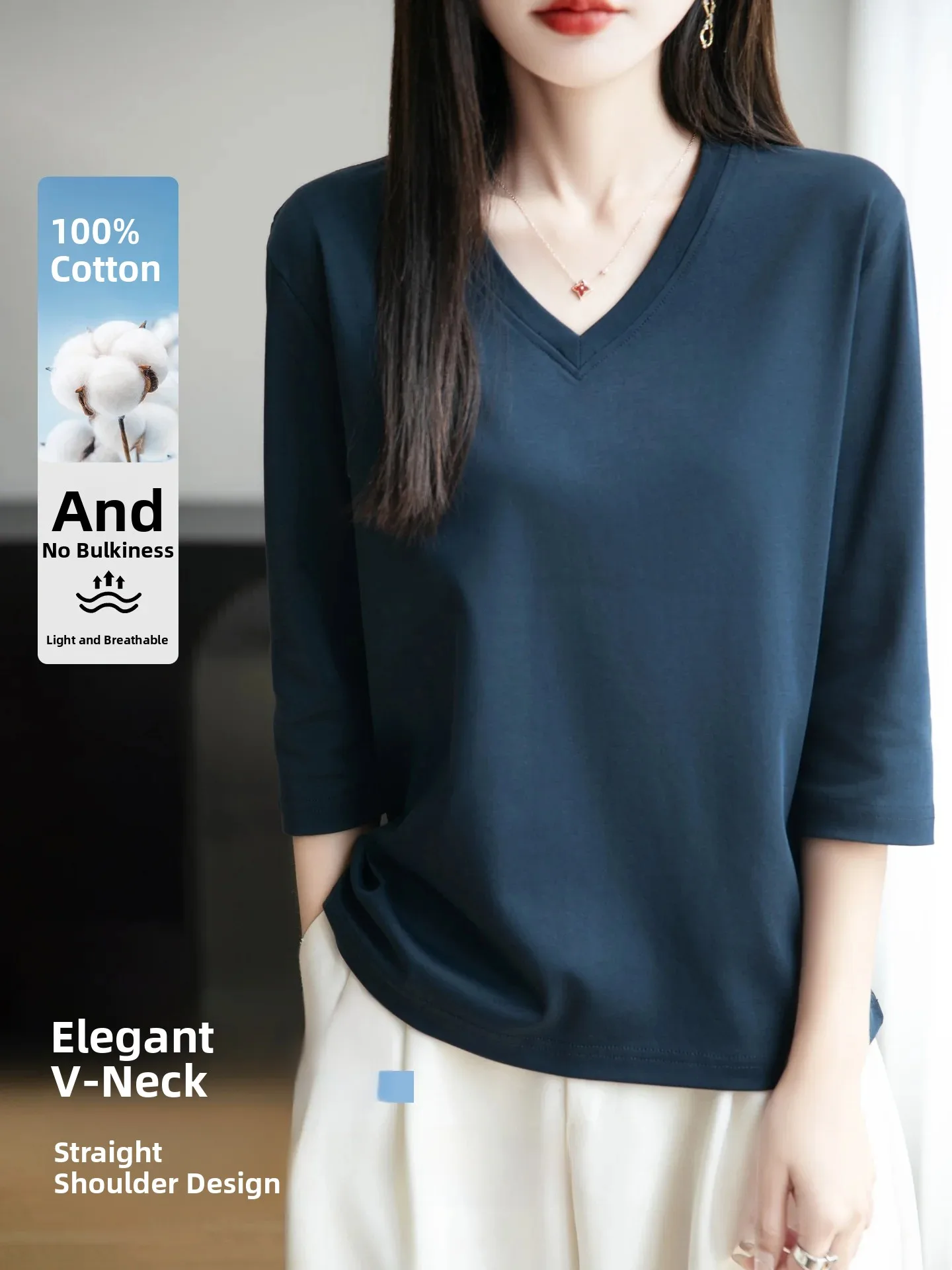 Loose Fit Pure Cotton V-Neck 3/4 Sleeve T-Shirt Women's Sweatshirt Fashionable Anti-Aging Cotton Top Thin Full Cotton Upper Body