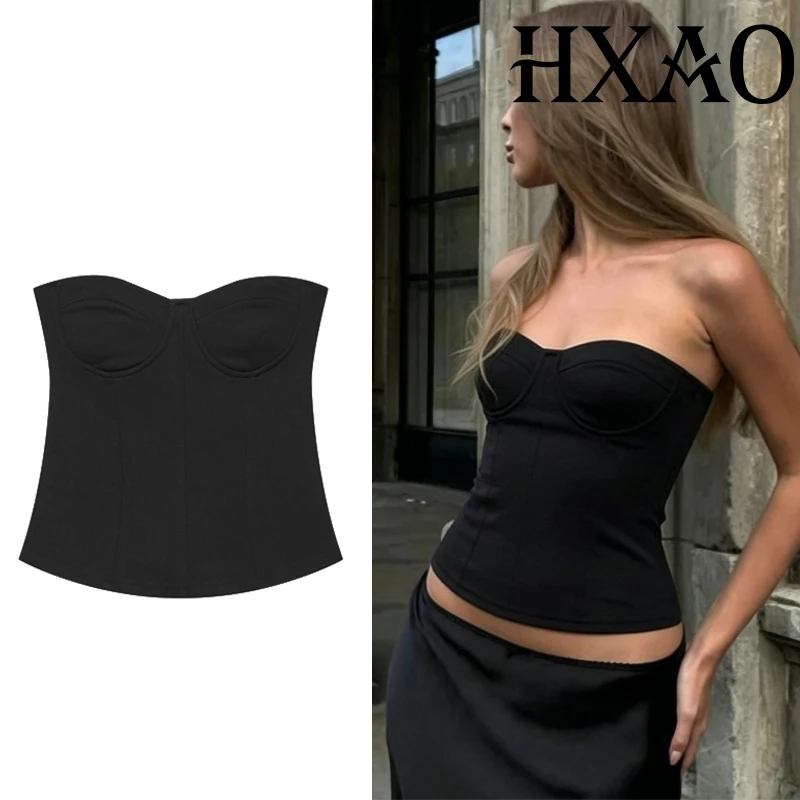HXAO Corset Women's Tube Top Strapless Y2K Black Crop Top Women Summer Sexy Backless Party Tops Fishbone Bustier Beige Top