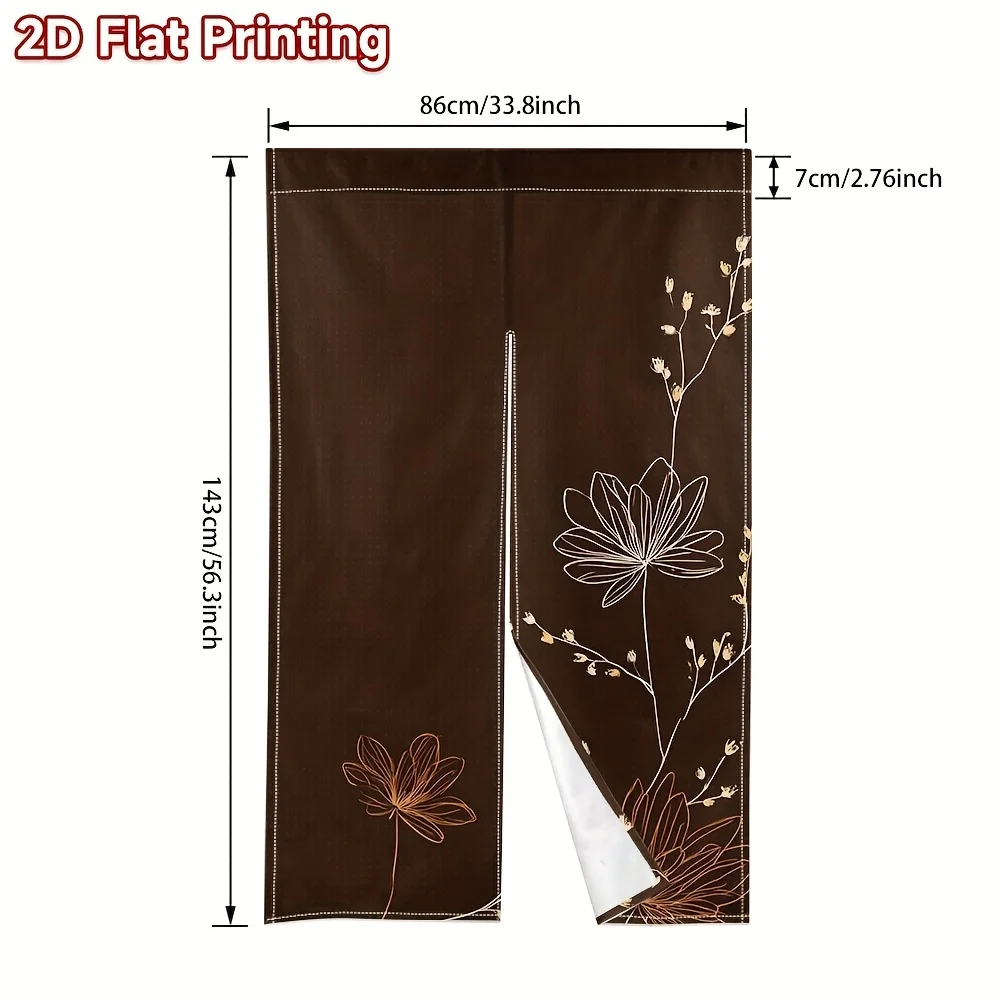 Hand-Drawn Floral Noren Curtain – Brown Background, White & Gold Flowers, Grommet Top, for Bedroom or Kitchen Decor