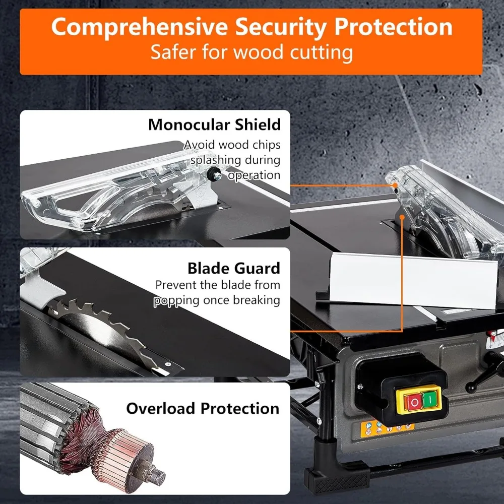 8-Inch 6.7-Amp Copper Motor Portable Table Saw Kit, 3576 RPM Cutting Speed, 24T Blade for Jobsite Efficiency