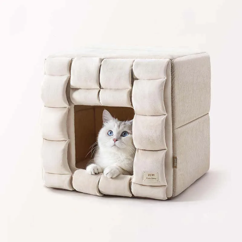 Pet Cat Bed All-Season Cat Nest Comfortable Soft Square Cat House Kitten Cube House