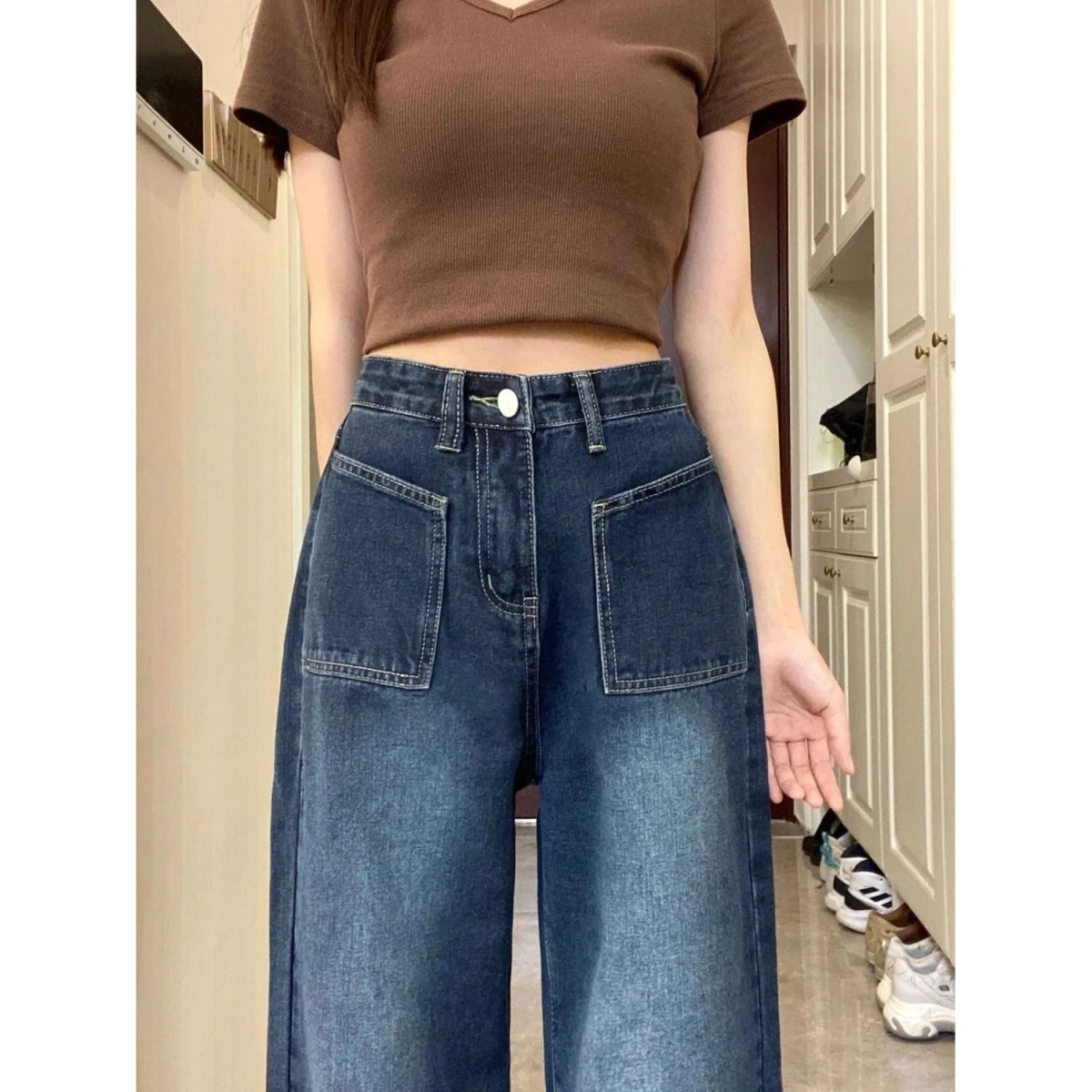 

Loose High Waist Straight Leg Blue ey Denim Jeans Women's Spring Autumn New Sle Slimming Small Size Wide Leg Long