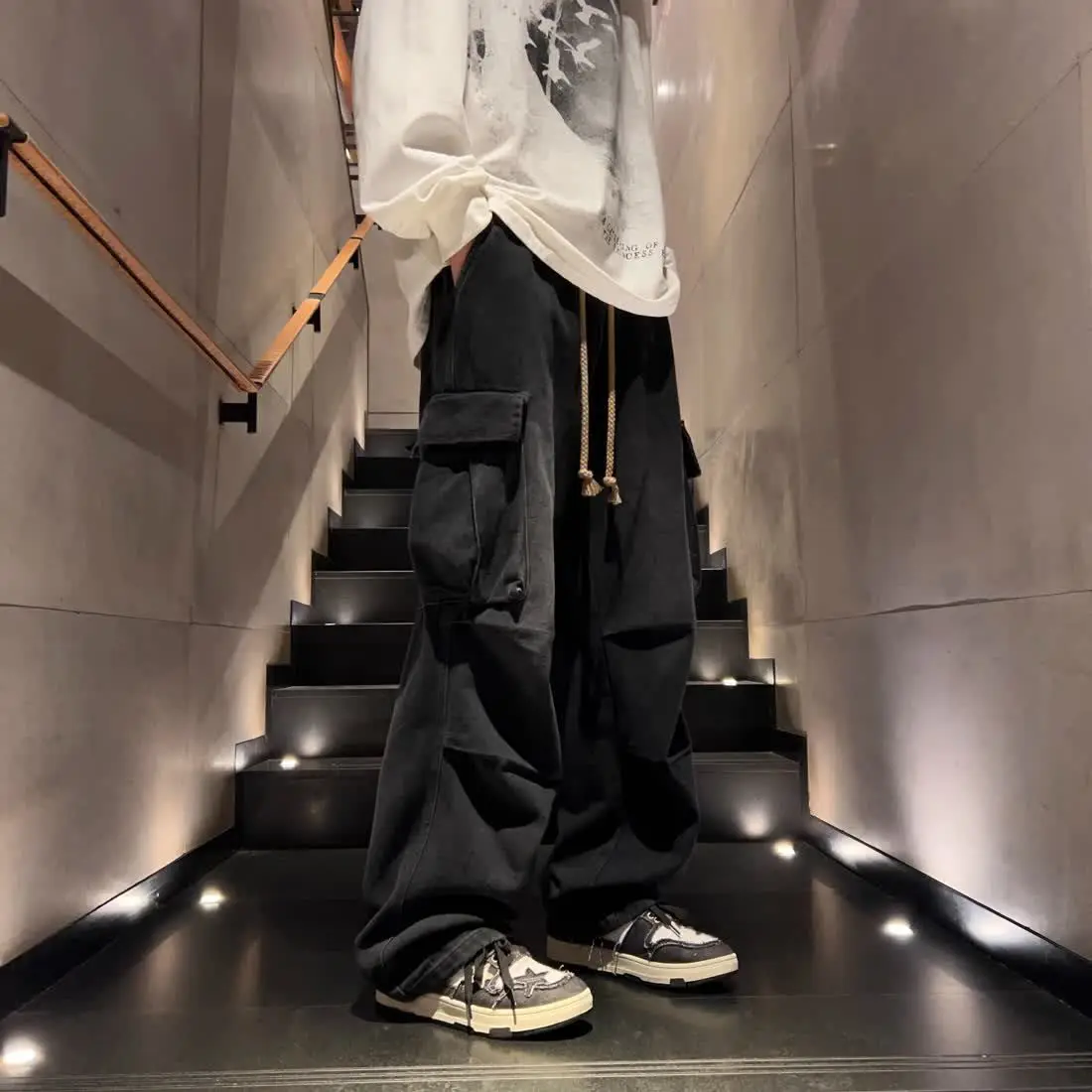 High Street hip-hop ผู้ชายและผู้หญิงอินเทรนด์บุคลิกภาพกระเป๋าขนาดใหญ่ขาตรงล้างกางเกงยีนส์คู่ Retro Casual กางเกง y2k