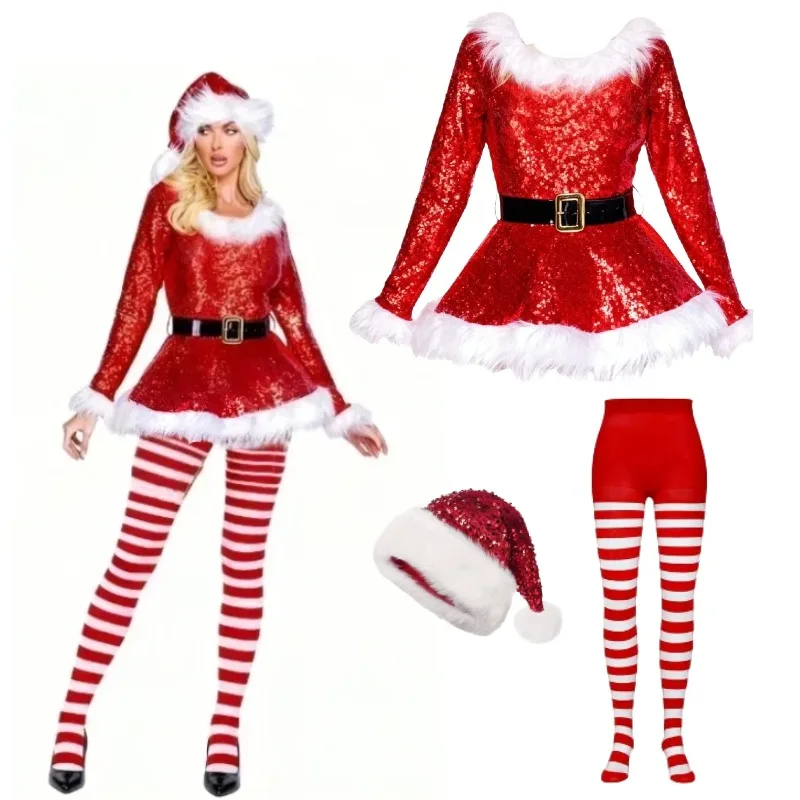 

Women Santa Claus Cosplay Costume Red Velvet Sequin Santa Dress with Belt Hat Striped Tights Suit for Christmas Party Outfits
