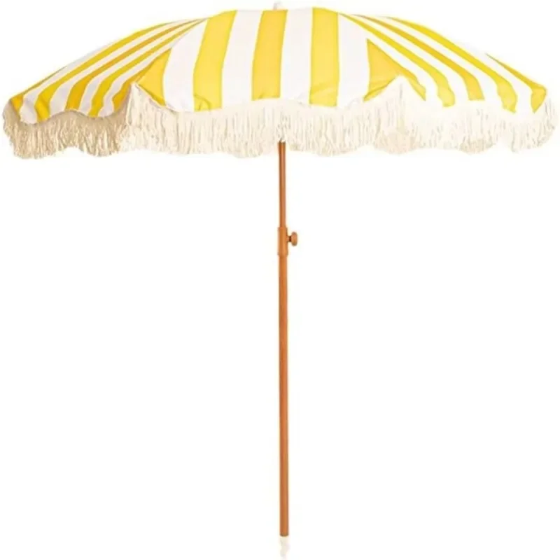 2026 2-meter Yellow Striped Umbrella with Fringes - Outdoor Sunshade for Beach, Patio Camping, and Outdoor Events