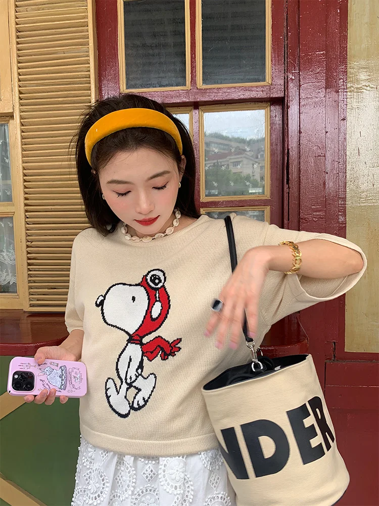 

Women's Knitted Short Sleeve Cartoon Patterned Pullover Summer Outerwear Comfortable Cotton Blend Fashionable Commute Style