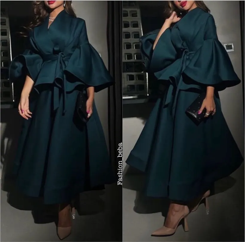 Green V Neck Ankle Length Strapless Long Sleeves Evening Dresses A-Line Prom Dresses Saudi Arabia Women\'s Formal Dress Wedding