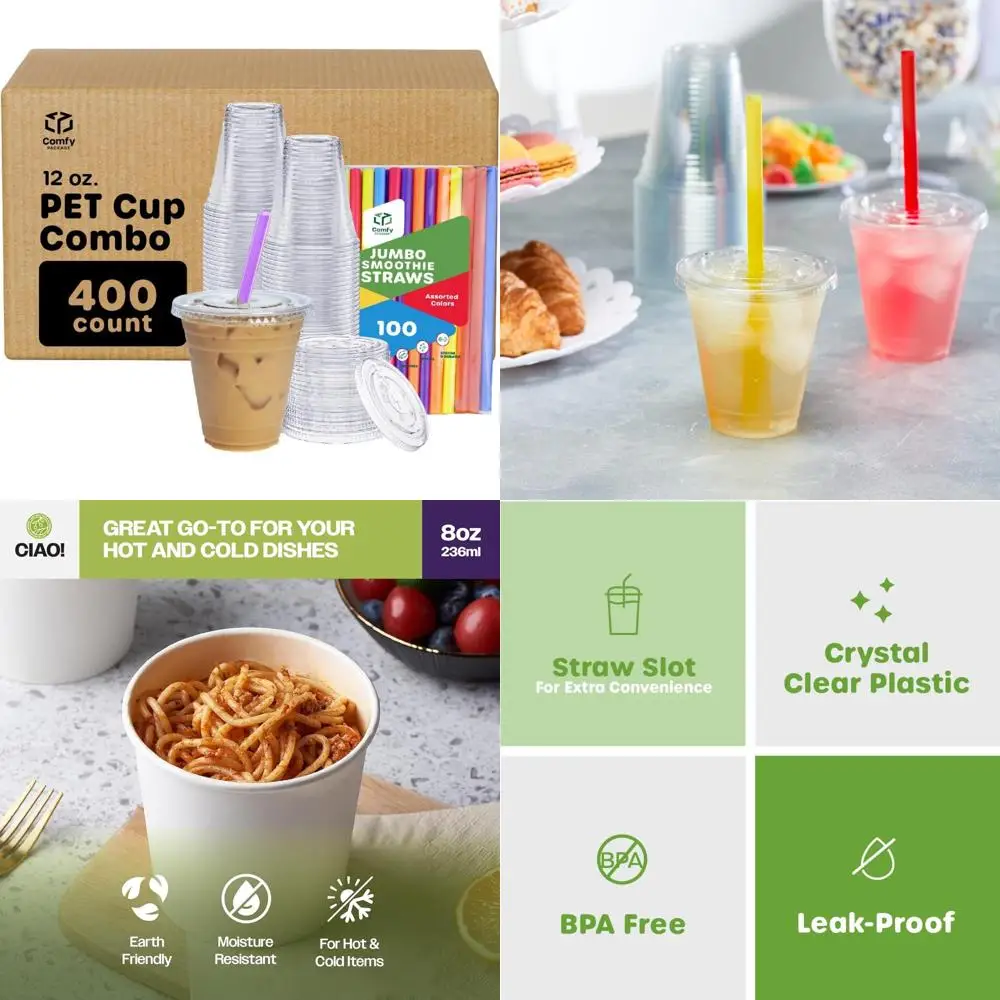 

Набор пластиковых стаканчиков — 12 унций, 400 штук с плоскими крышками и соломинками для смузи для больших напитков.
