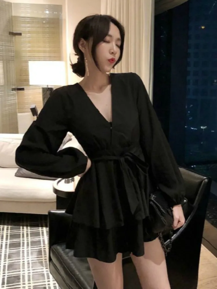 Elegant Party Dresses Woman A-line V-neck Cascading Ruffle Mini Dress Trendy Solid Frock Sexy Fashion Solid Trendy Vestidoes