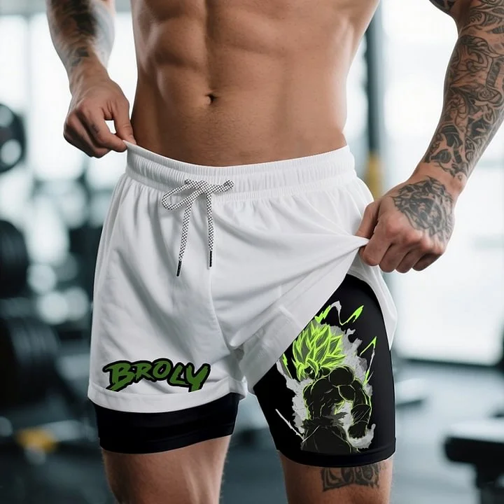 أنيمي لعبة دراغون بول برولي طباعة رياضة السراويل رجل الصيف المرأة الرياضة طبقة مزدوجة 2 في 1 سراويل رياضية التجفيف السريع شورتات للبحر