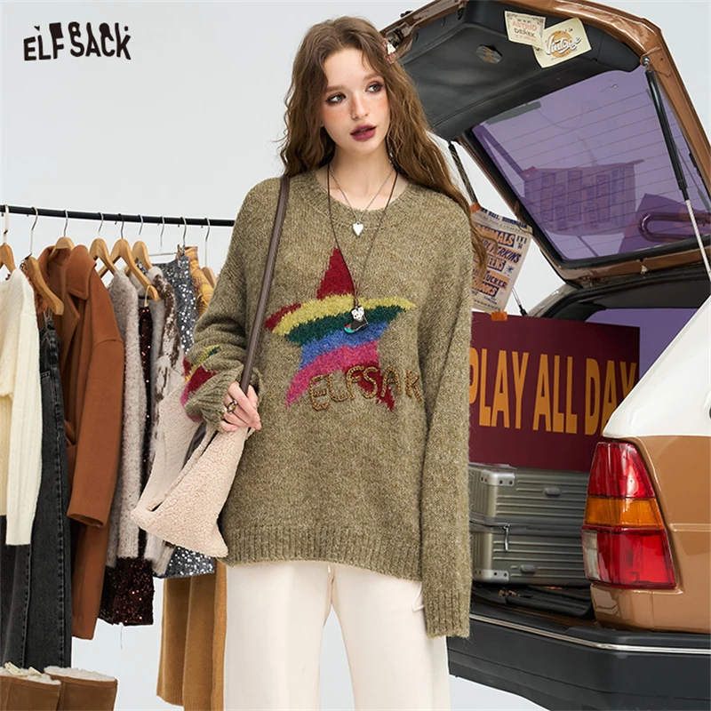 ELFSACK 2024 Winter New Arrivals Rainbow pentagram loose pullover sweater for women