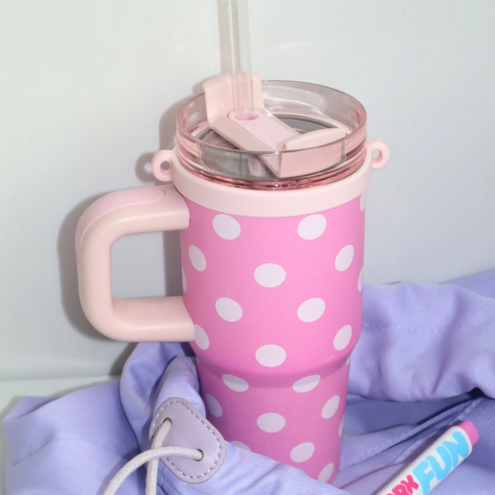 Y2K Retro Millennium Era Pink Polka Dot 410ml Insulation Water Thermos Bottle 304 Stainless Steel Insulated Cup Straw Cup 14oz