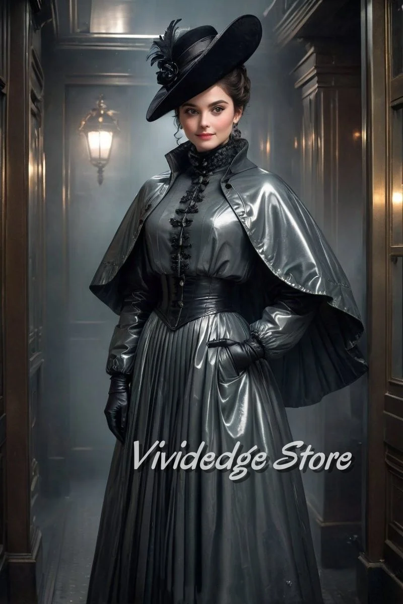 

Customized Black Vintage High Neck Cloak Prom Dress Button Waistband Decoration A Line Pleated Hem Formal Occasion Evening Dress