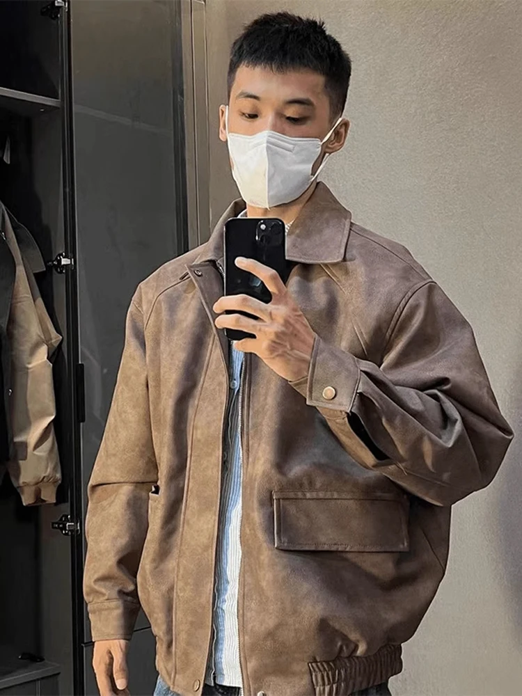 

Коричневый американский кожаный тюнер в стиле ретро, мужской короткий воротник, осенне-зимняя рабочая одежда, молодежный тюнер, модная подставка, декор на молнии