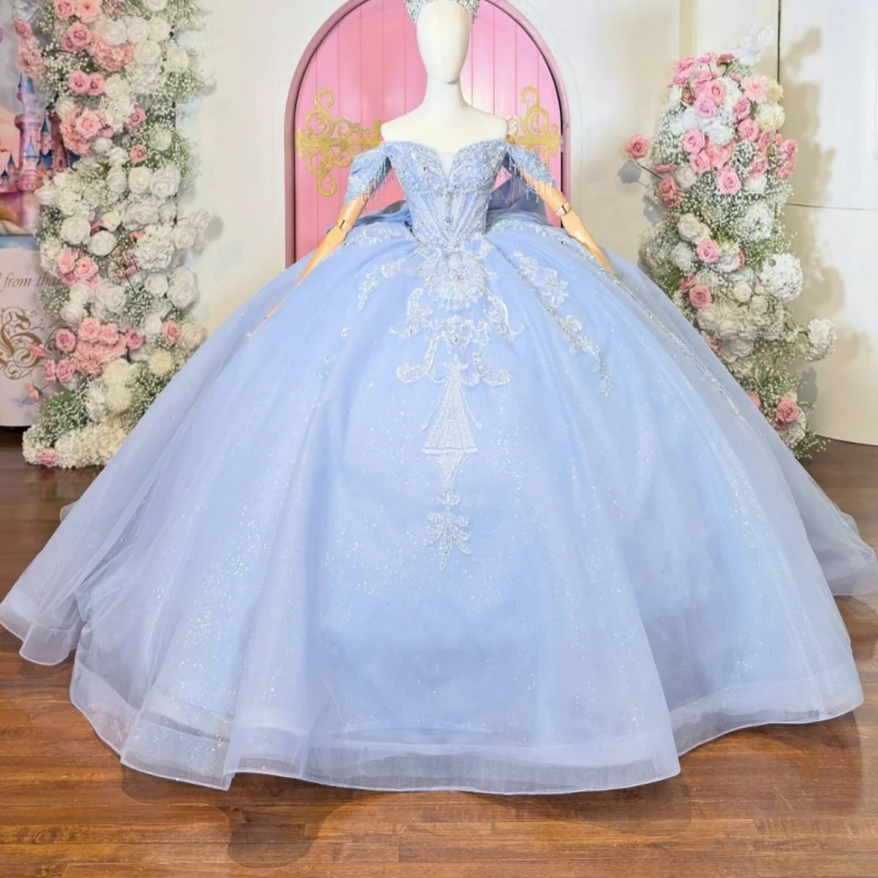 

Sky Blue Shiny Quinceanera Dresses Off Shoulder Ball Gown Sweet 16 Dress Applique Lacee Beading Birthday Party Vestidos 15 De