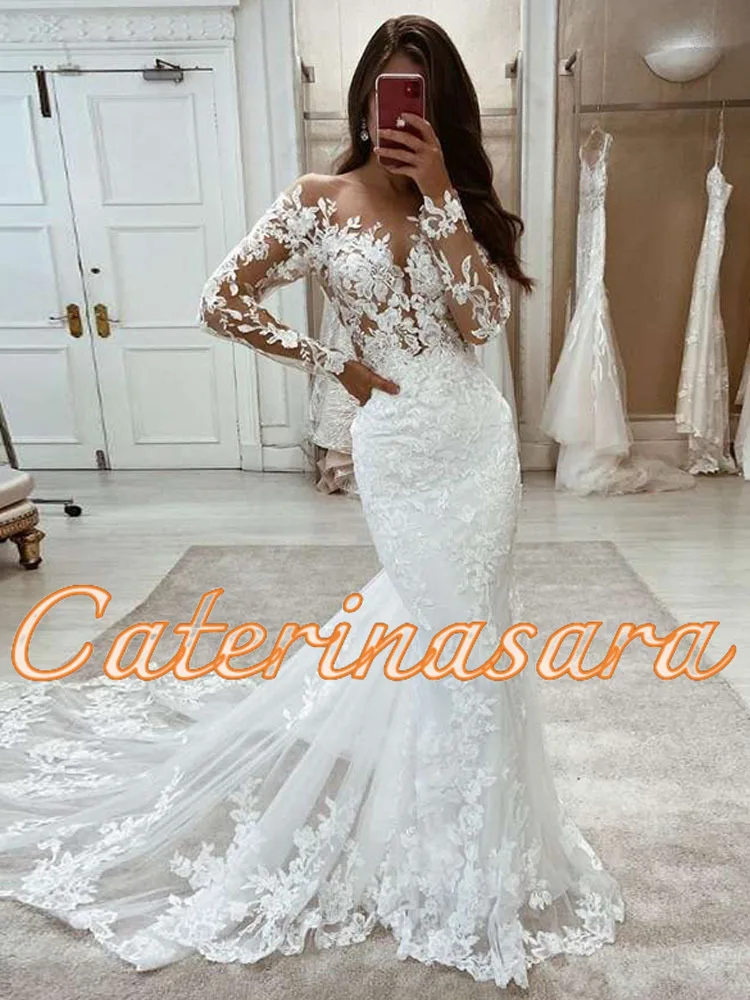 Wedding Dresses Mermaid Lace Long Sleeves Gown Vintage White Ivory Custom Made Luxury Bridal Dress 2024