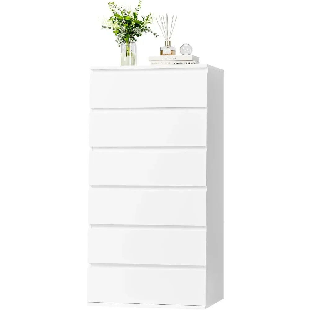 

White Dresser, 6 Drawer Dresser, Modern Tall Floor Storage Cabinet with Metal Sliding Rail, Wooden Handleless Drawer Cabinet,