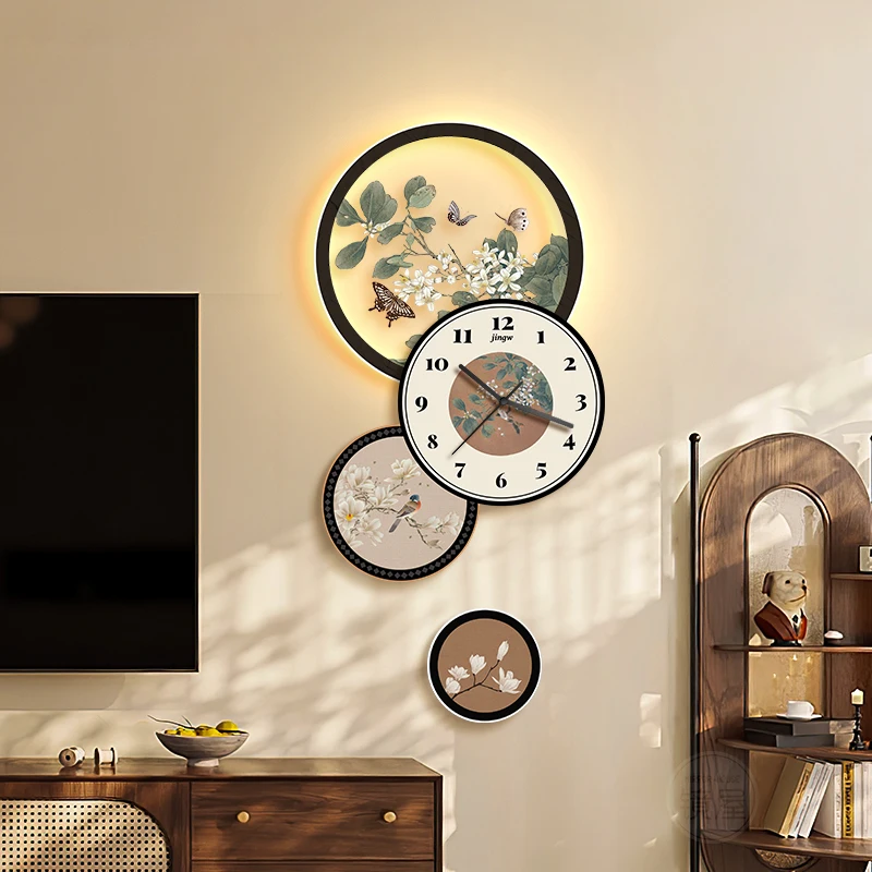 

Medieval style TV background wall decorative painting clock wall clock