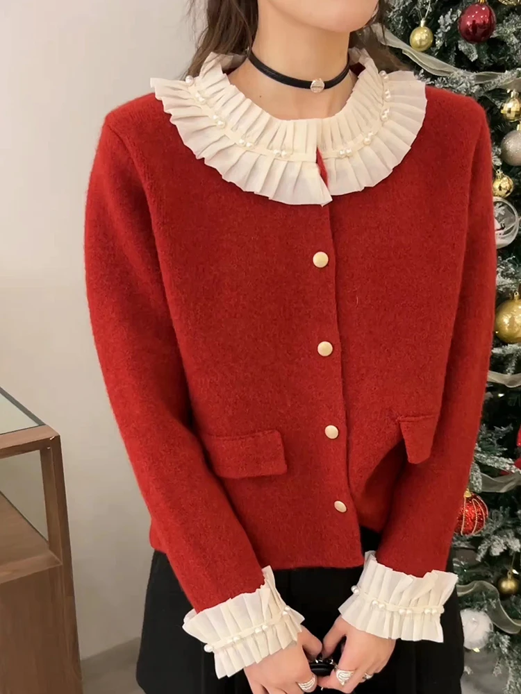 Maglione lavorato a maglia rosso da donna Autunno Inverno Nuovo Sle Patchwork Perline impreziosito Cardigan in maglia di legno Cappotto di fascia alta Nuovo Ye...