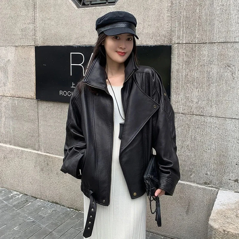 

Black Pu Leather Jacket Women Biker Harajuku Y2K Street Coat Spring Fall Long Sleeve Loose Casual Ameican Vintage Top