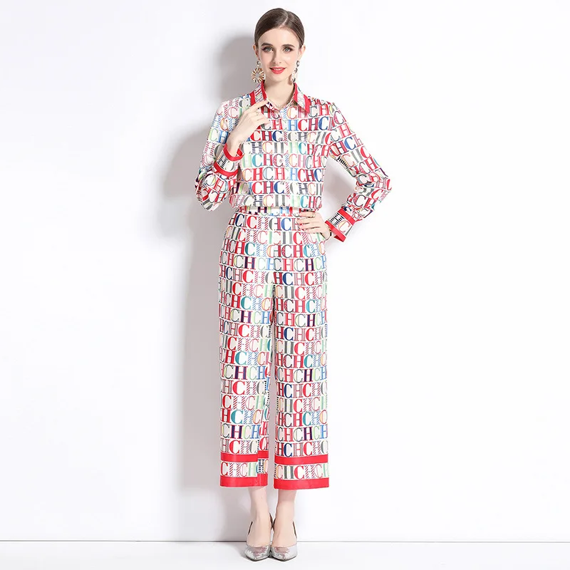 

2024 Fashionable and Versatile Slimming Shirt Paired with Loose Positioning Printed Wide Leg Pants Set and Skirt