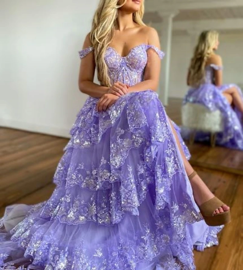 

Off Shoulder Sleeveless Tulle Sequin Slit Mermaid Trumpet Wedding Guest Evening Party Court Train Prom Dresses