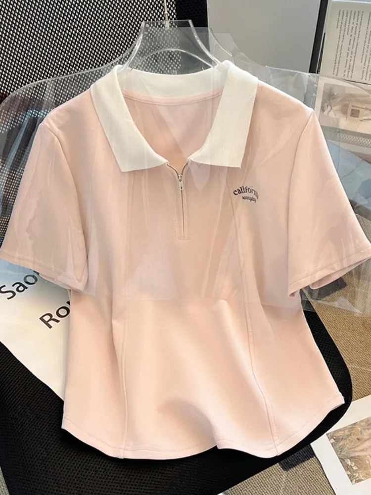 

Summer Women's irt ort Sve Zipper Pure Cotton Slim Fit Design Sense Henry Collar Top Korean Sle Commute Faion