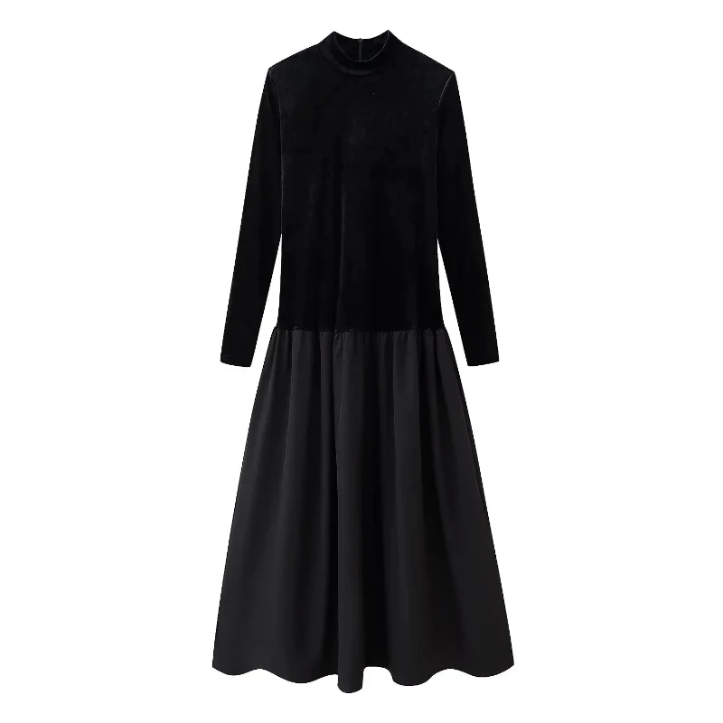 Abito da donna europeo e americano con giunture in velluto a coste a collo alto alla moda