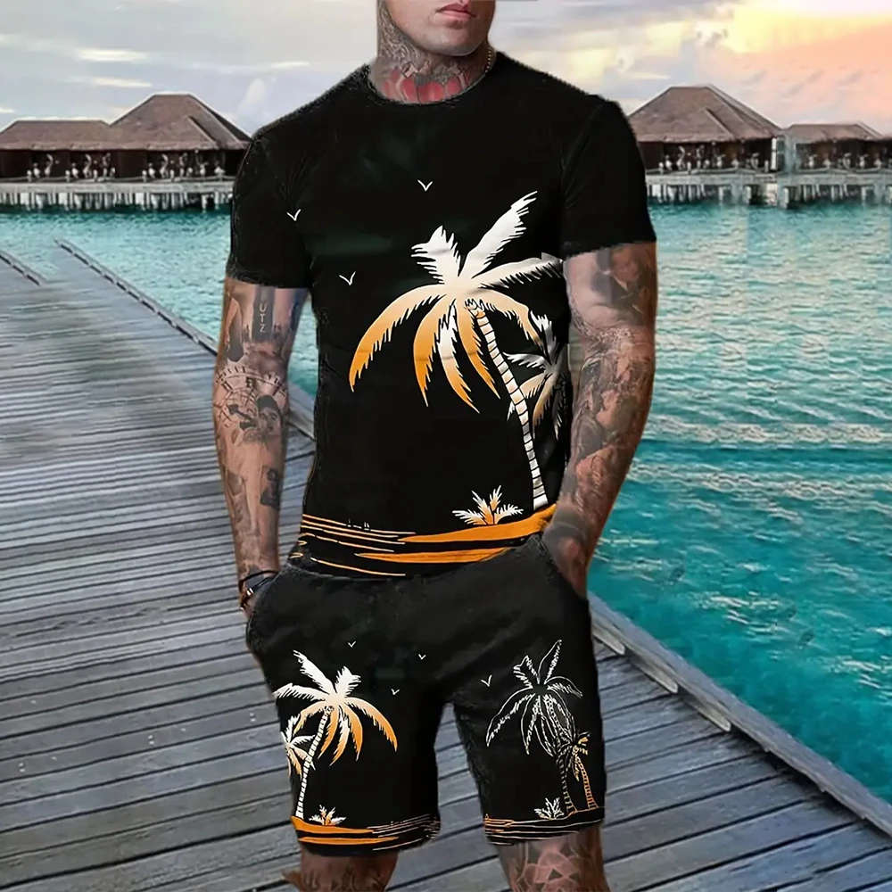 Men\'s Coconut Tree Print Fashionable Round Neck Short Sleeve T-Shirt With Drawstring Shorts 2-Piece Quick Drying Sportswear Set