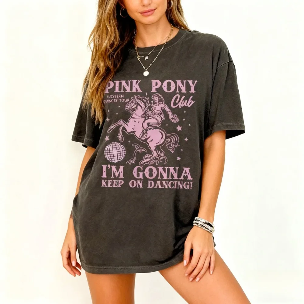 

Women's dark gray patterned T-shirt, pink pony club, Western cowboy letter slogan round neck fashionable short sleeved top
