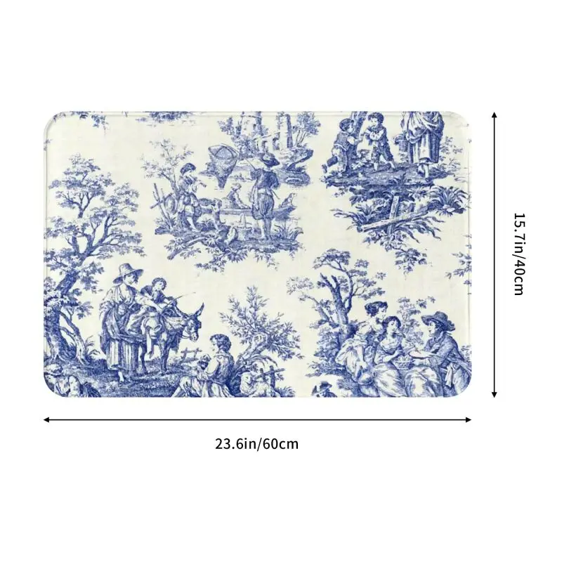 Personalized Classic French Navy Blue Toile De Jouy Motif Pattern Doormat Mat Anti-Slip Traditional France Art Room Rug Carpet