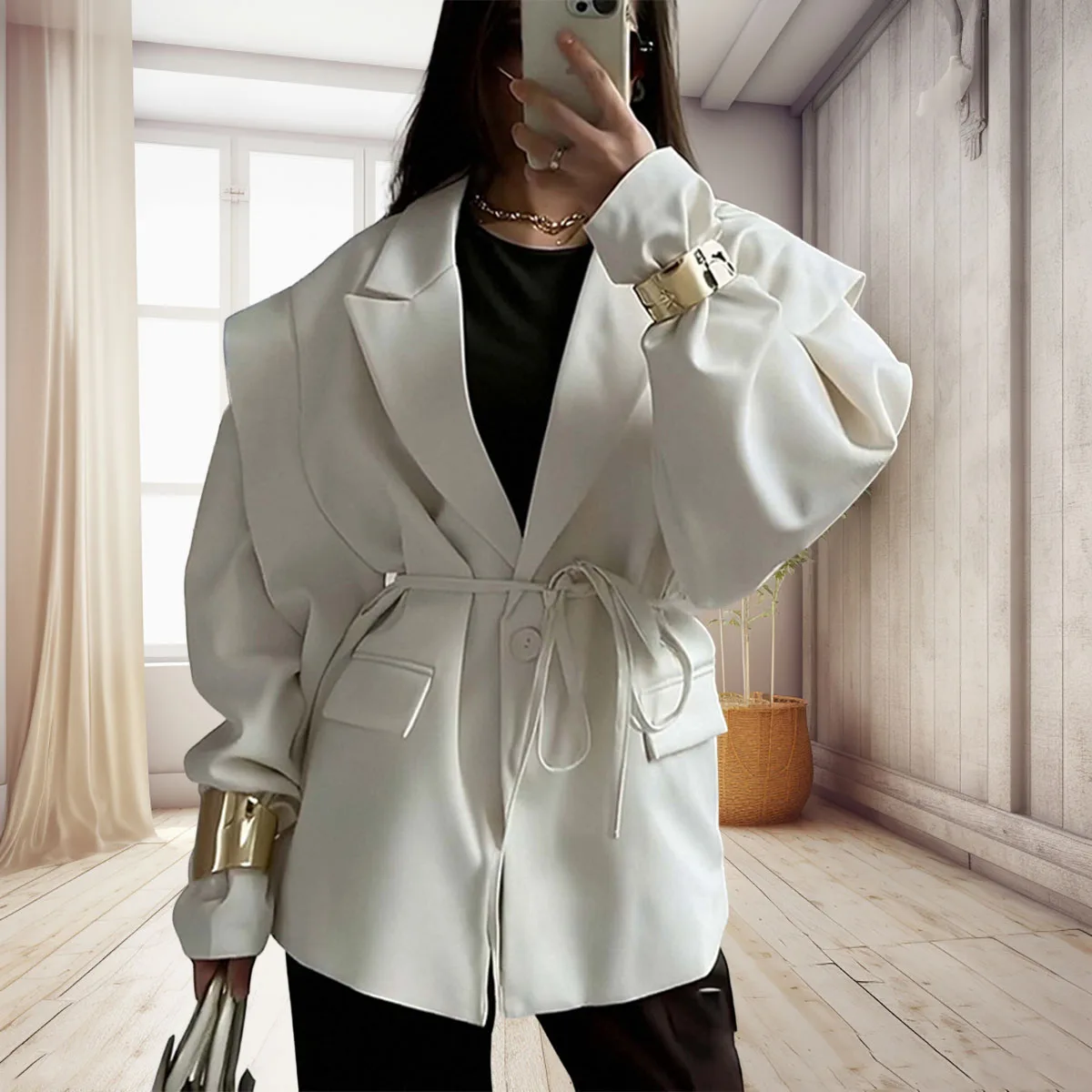 

Женский блейзер на шнуровке с подплечниками, элегантный облегающий пиджак с длинными рукавами и лацканами с карманами, модная верхняя одежда для женщин