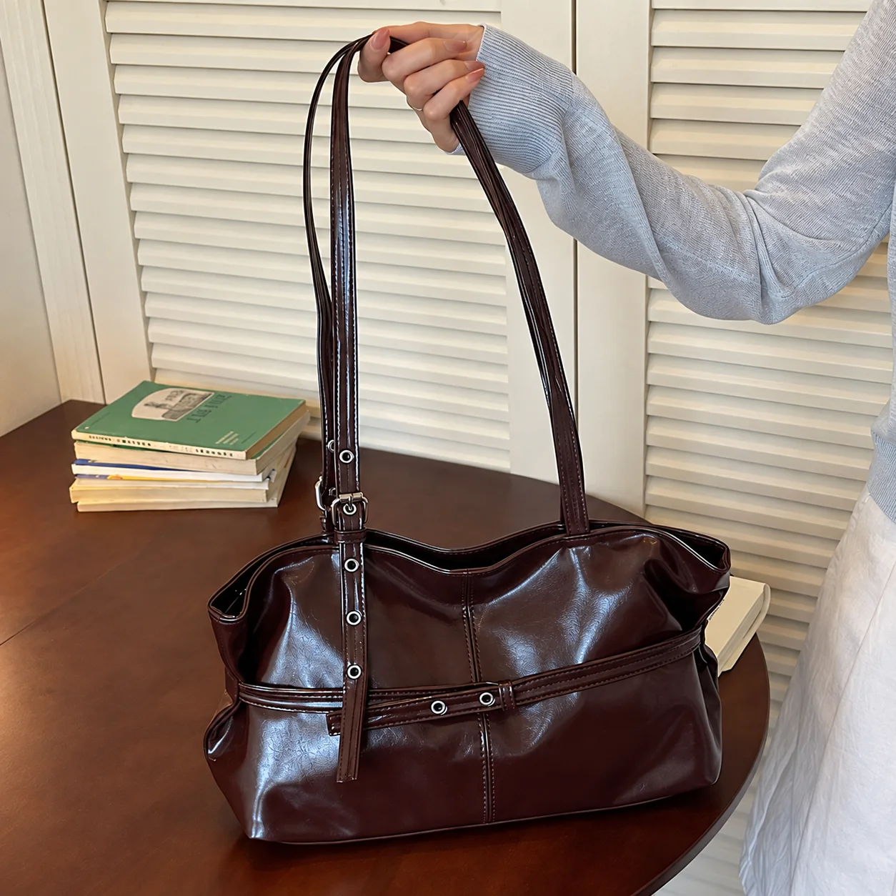 Women'S Tote Bag Polished Shoulder Tote Bag Pu Leather Handbag Spacious Open Top Tote Bag For Shoulder Carry City Outings
