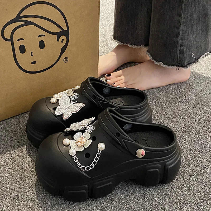 Fashion Women's Hole Shoes 2024 Summer Thick High Heel Soft Sole DIY Accessories Hole Slippers Outdoor Beach Garden Shoes