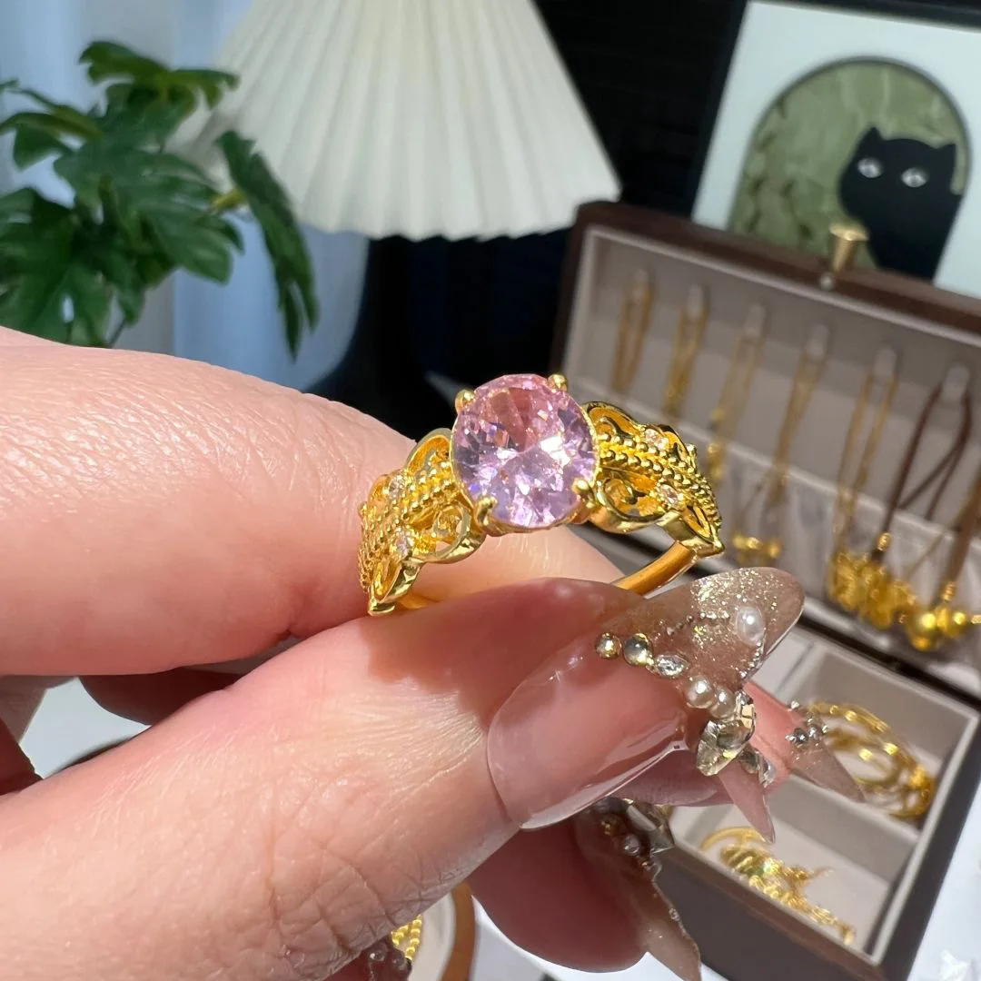 Ice Sugar Series Ancient Gold Craftsm Fresh Ice Transparent Pink Gemstone rings for women New in Retro Charm Wedding Jewelry