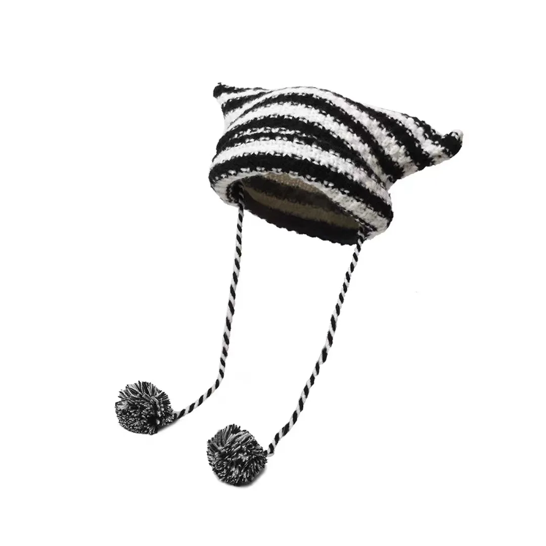 

Cute Striped Devil Wool Ball Knitted Cap Autumn and Winter Ear Protection Warm Wool Cap Without Brim Small Cap