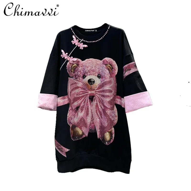 Chinesischen Stil Rosa T-shirt Kleid Mode Bogen Bär Heißer Bohren Mid-Länge Übergroßen Kurzarm Kleid Frauen Schwarze Kleider