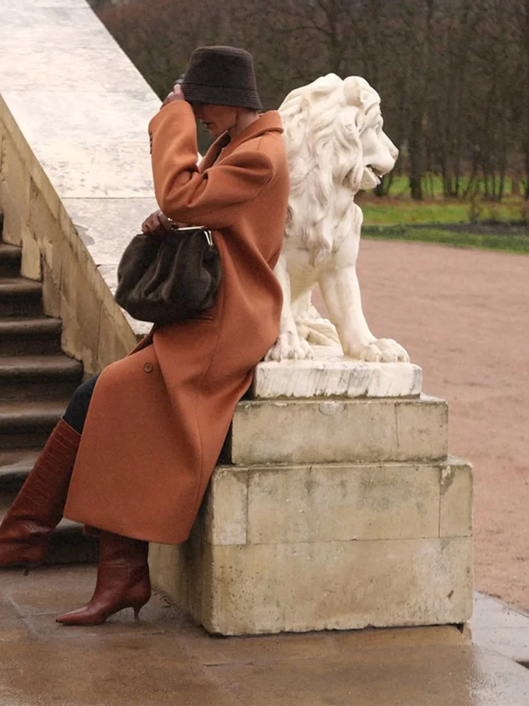 

Women Solid V-neck Lapel Woolen Long Overcoat Casual Full Sleeve Single Breasted Loose Coat 2025 Lady Daily Commute Outwear New