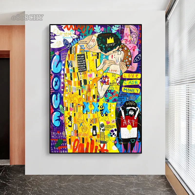 The Kiss By Gustav Klimt Canvas Painting Lover Couple Kissing Graffiti Pop Art Posters Prints Street Wall Art Picture Home Decor