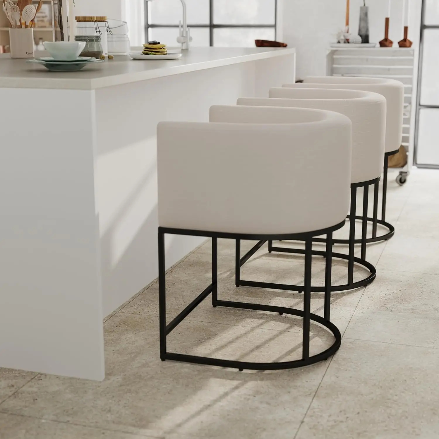 Ensemble de 3 tabourets de bar en lin crème contemporain de 24 pouces, comptoir en tissu