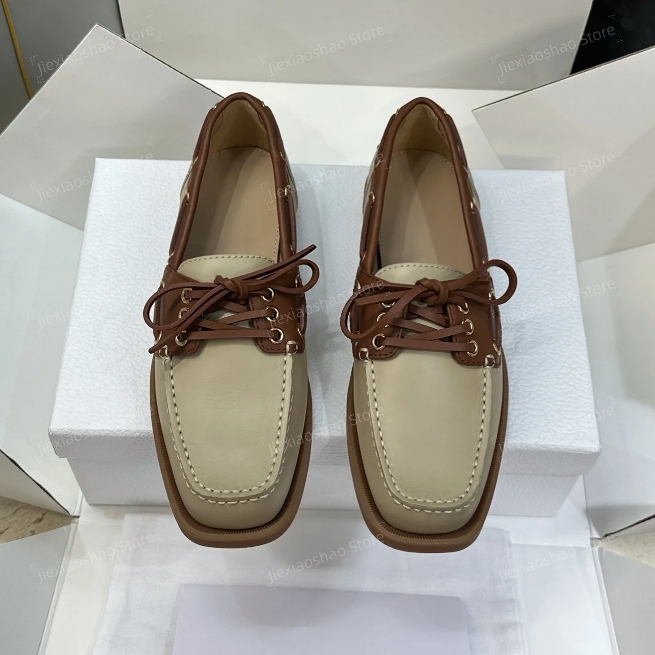 New Arrival Retro Genuine Leather Square-Toe Flat Heel Lace-Up Woman Loafers Mues Oxfords Mules Mary Janes Zapatos De Mujer