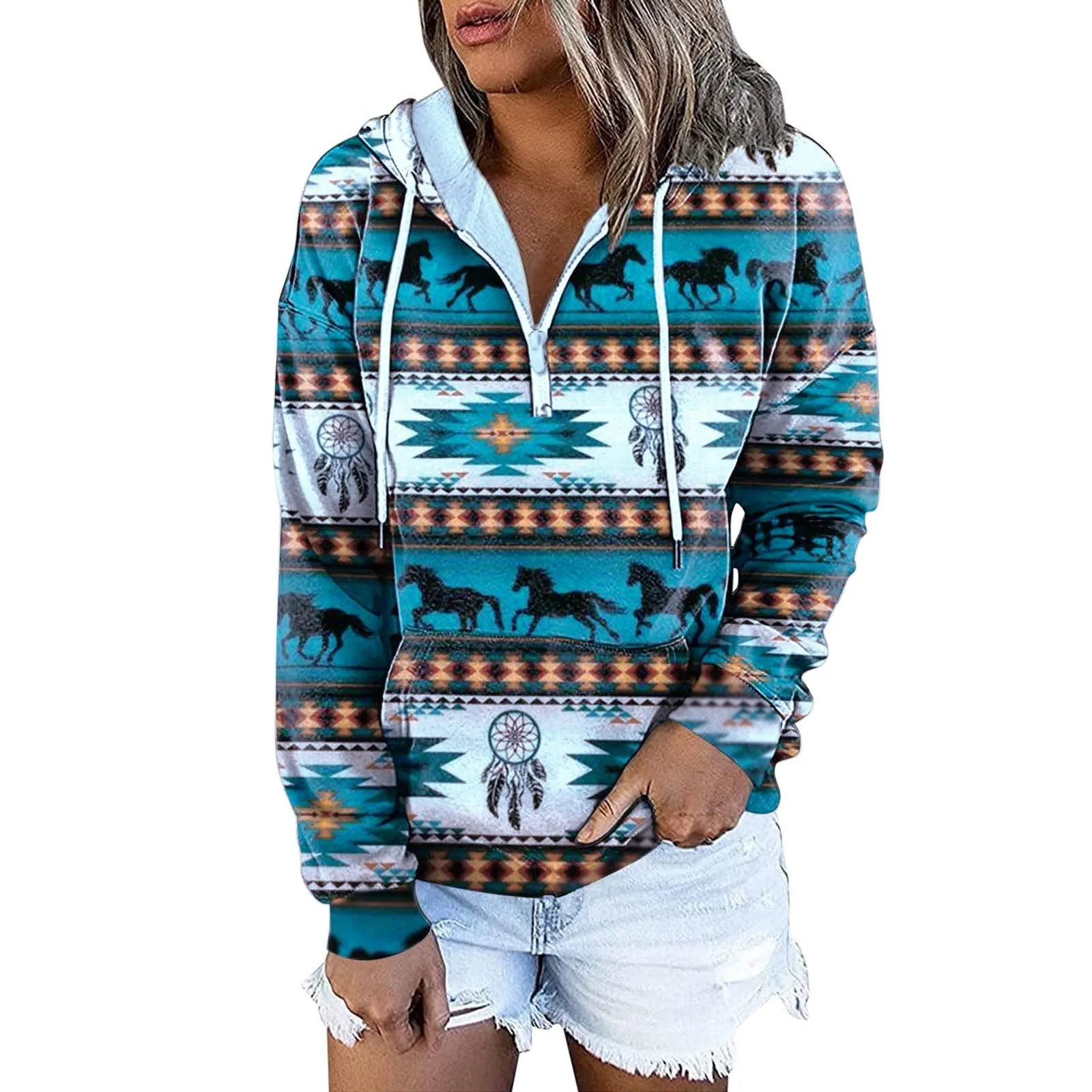 Women’S Casual Geometric Horse Print Long Sleeve Drawstring Pullover Tops, Ethnic Style Hooded Sweatshirt New Fashion Simple