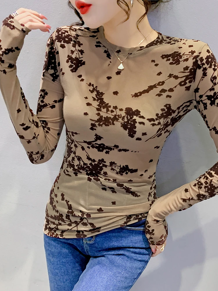 

Retro Floral Print Long Sve T-irt Women's Spring Autumn European Sle Floing Me Slim Fit Top Faionable Base irt