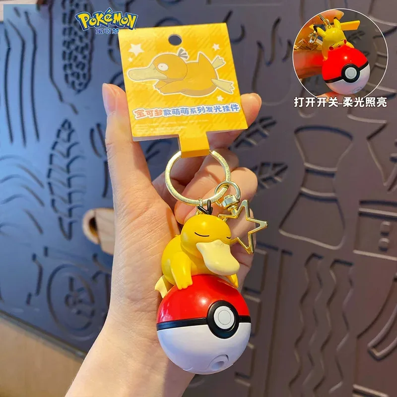 Hot Pokemon Original Model Toy 6cm Keychain Pikachu Bulbasaur Piplup Psyduck Light Up Pendant Character Figure Glow In The Dark