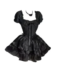 Women Black Kawaii Lolita Dress French Elegant Korean Birthday Dress Lace Up Square Collar Ball Gown Puff Sleeve 2000s Aesthetic