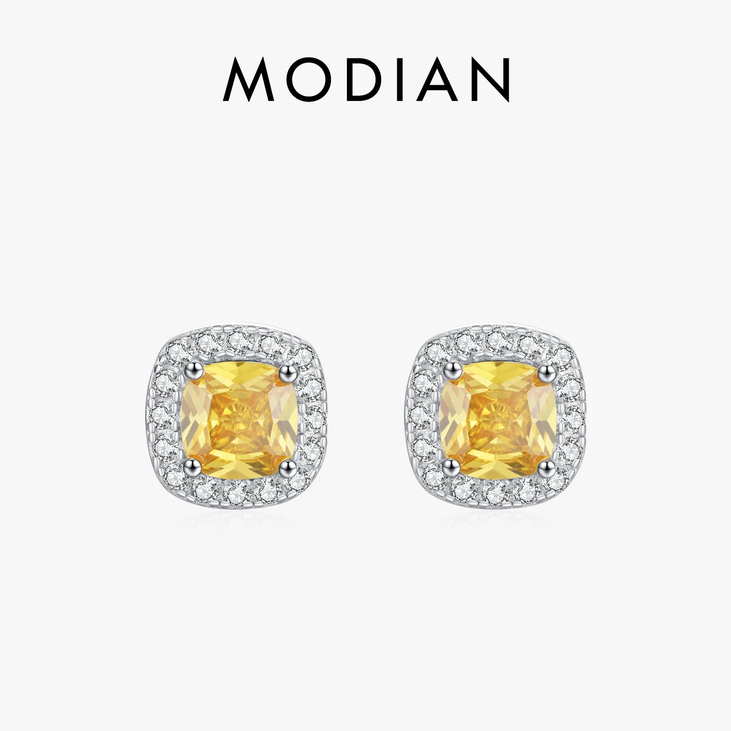 MODIAN Yellow Sparkling Cubic Zirconia Platinum Plated Stud Earrings 925 Sterling Silver Earrings For Women Wedding Jewelry