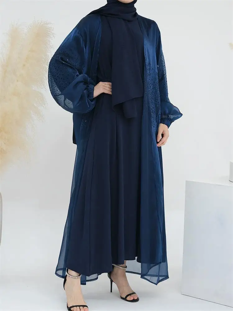 

Fashion 3 Sets Djellaba Shiny Fabric Diamonds Puff Sleeve Belted Open Kimono And Long Sleeve Under Dress With Hijab Saudi Abaya