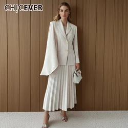 CHICEVER Elegant Two Piece Sets For Women Notched Collar Raglan Sleeve Coats High Waist Pleated Skirt Solid Set Female Spring