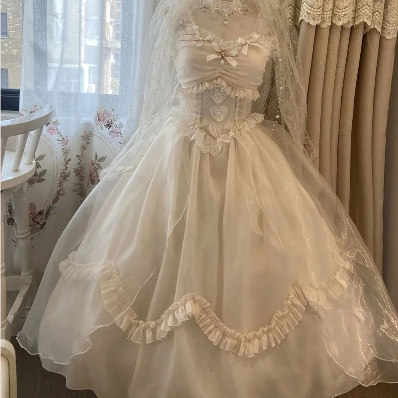 

Japanese Lolita Kawaii Patchwork Fashion Solid Color Gauze Embroiled Flares Bow Folds Elegant Suspender Princess Wedding Dresses