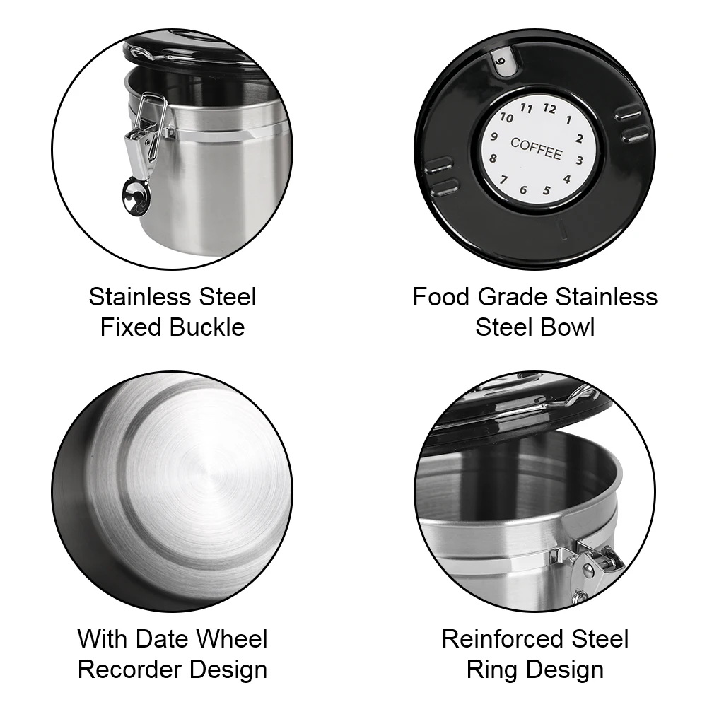 Do ziaren kawy Pojemnik na kawę z zaworem co2 Szczelna pokrywa Zachowaj świeżość Kanister do przechowywania Stal nierdzewna